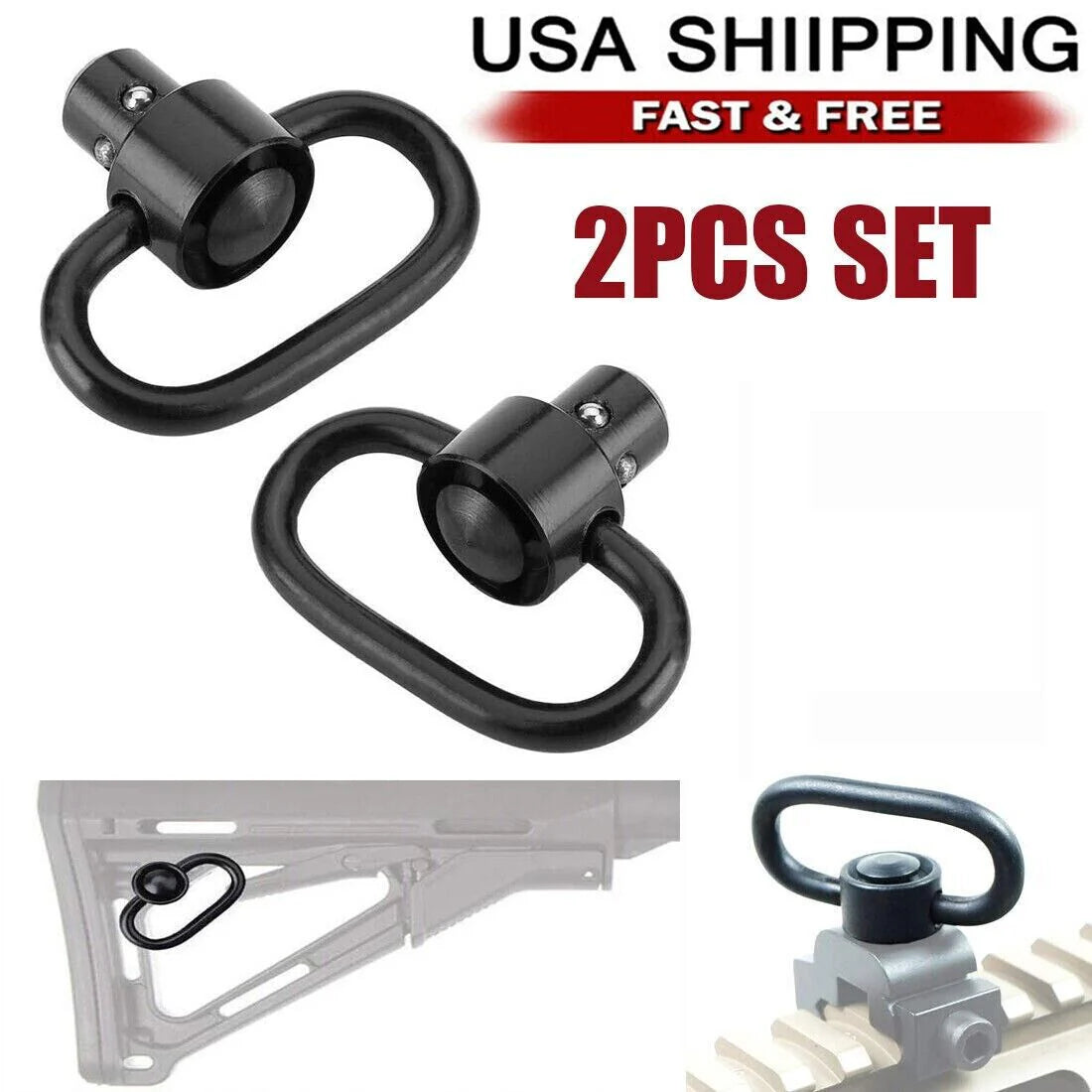 2PCS Heavy Duty Flush Push Button Quick Detach 1.25" Rifle QD Sling Swivel Mount