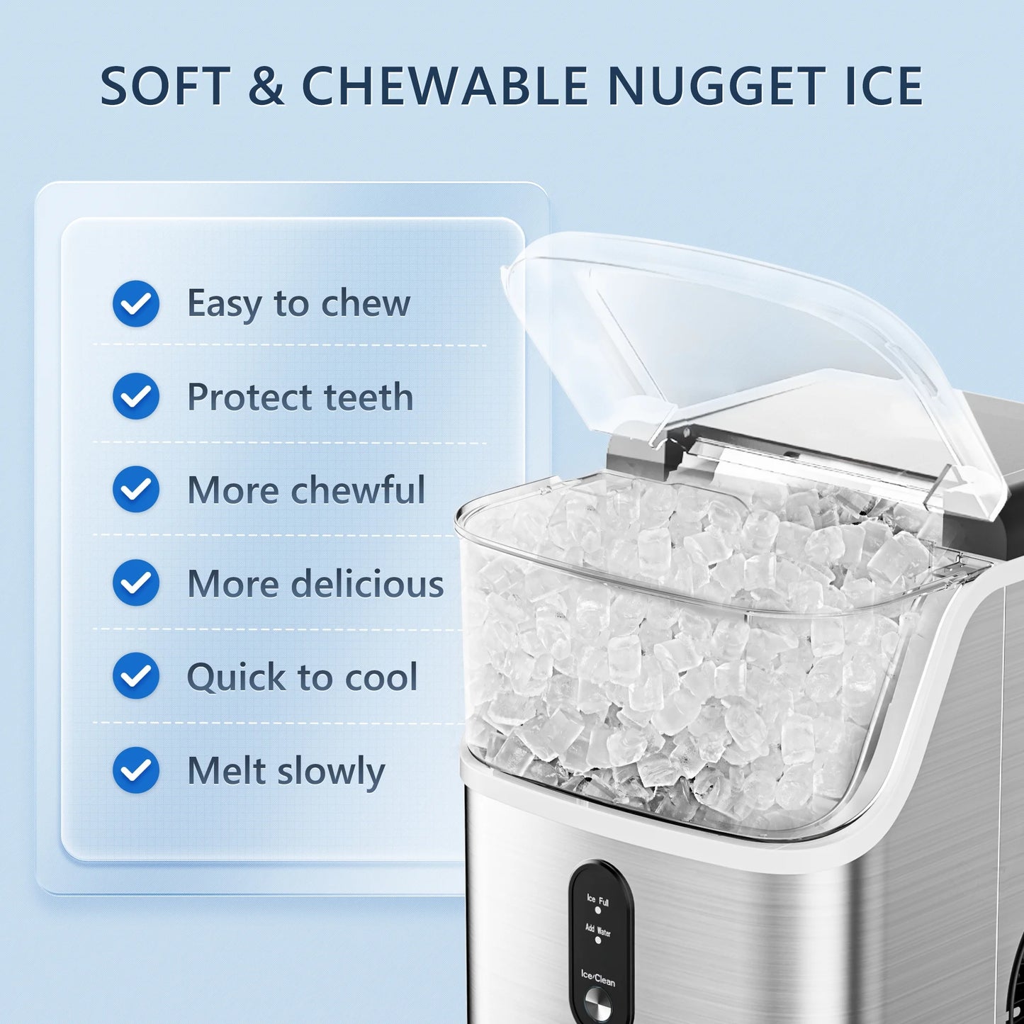 Nugget Ice Maker Countertop, Portable Ice Maker Machine with Self-Cleaning Function, 35Lbs/Day, Soft Chewable Pellet Ice, Silver