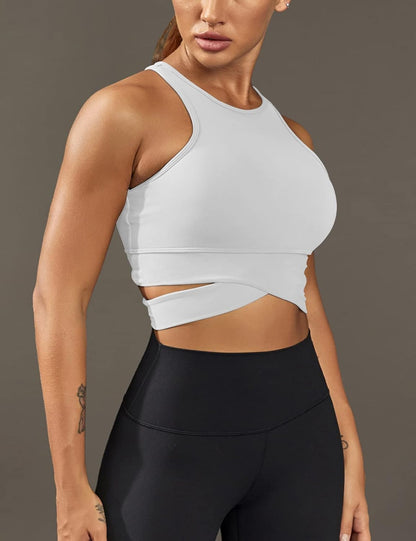 Womens High Neck Sports Bra Longline Workout Crop Tops Criss Cross Tank Top with Built in Bra