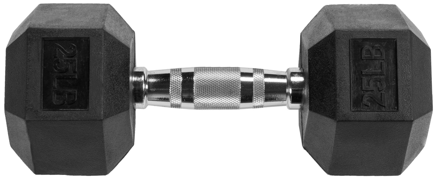 Rubber Encased Hex Dumbbell, 25Lbs, Single