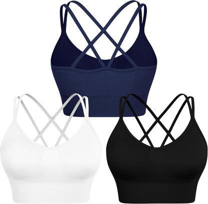 Women Strappy Sports Bra for Women,Cross Back Sports Bra Padded Yoga Bra 3 Pack Medium Support Workout Bra