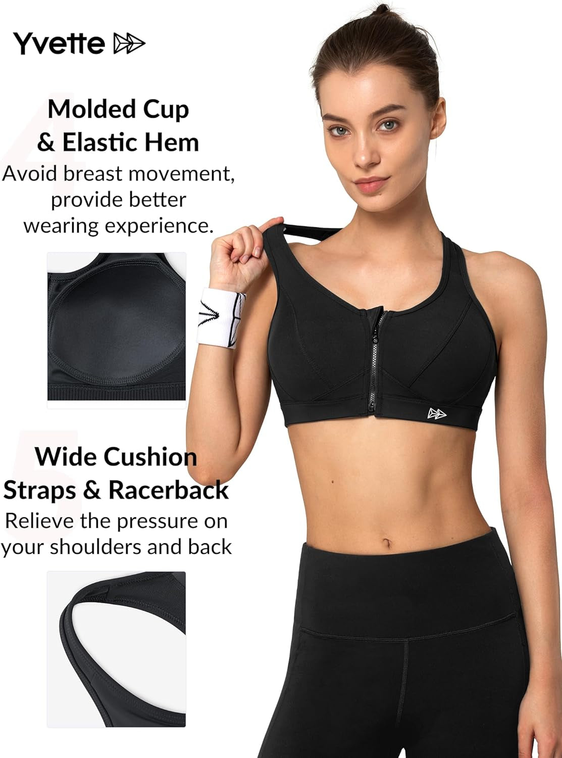 Zip Front Sports Bra - High Impact Sports Bras for Women plus Size Workout Fitness Running