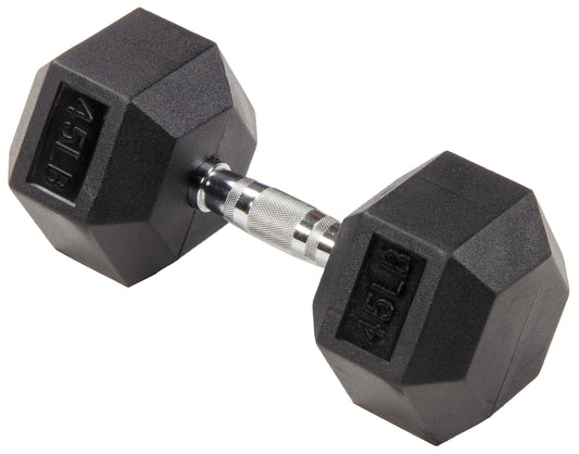 Rubber Encased Hex Dumbbell, 45Lbs, Single, Black, for Strength Training, Metal Handle