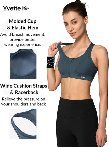 Zip Front Sports Bra - High Impact Sports Bras for Women plus Size Workout Fitness Running